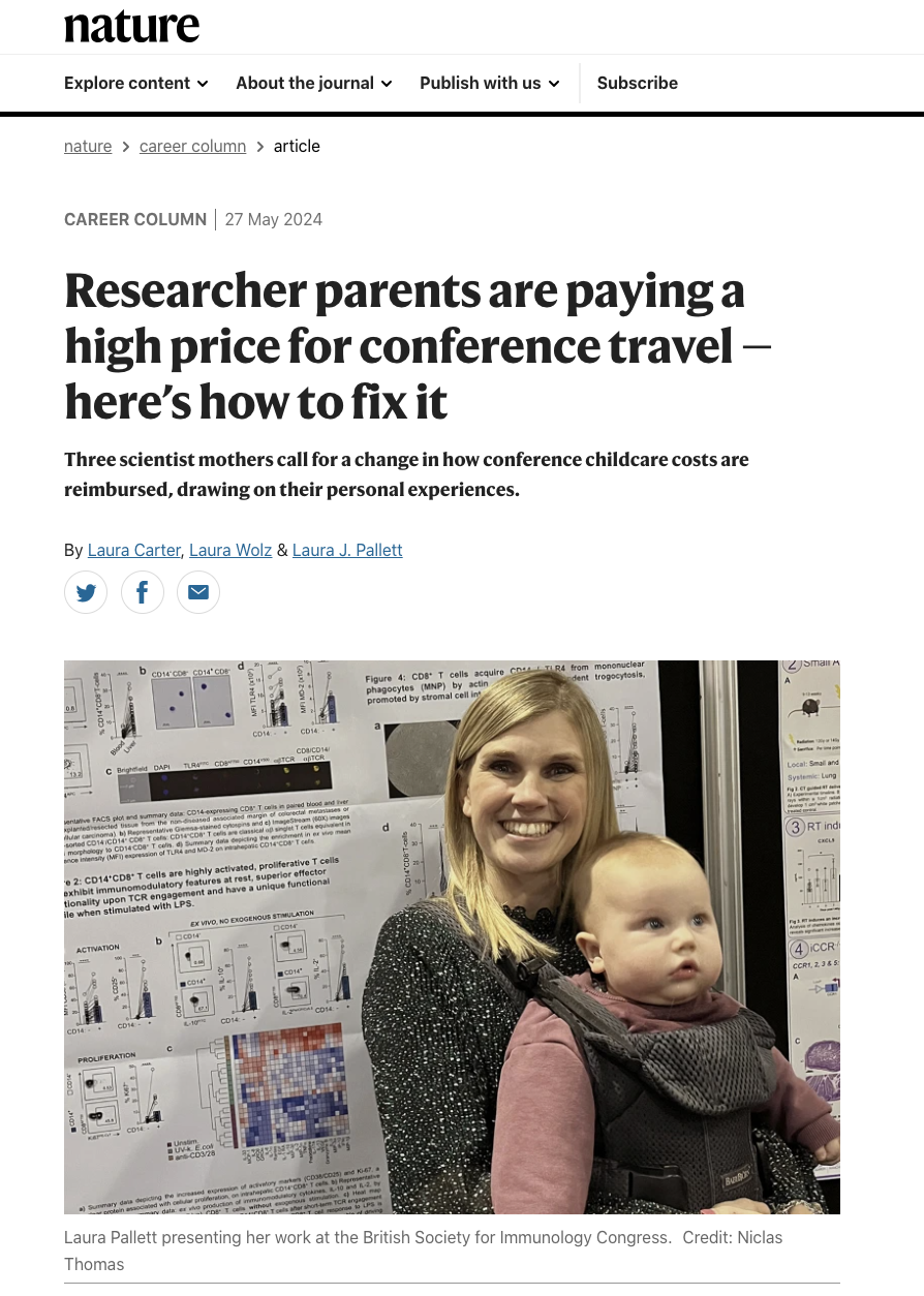 A screenshot of a nature career column with title 'Researcher parents are paying a high price for conference travel — here’s how to fix it' 